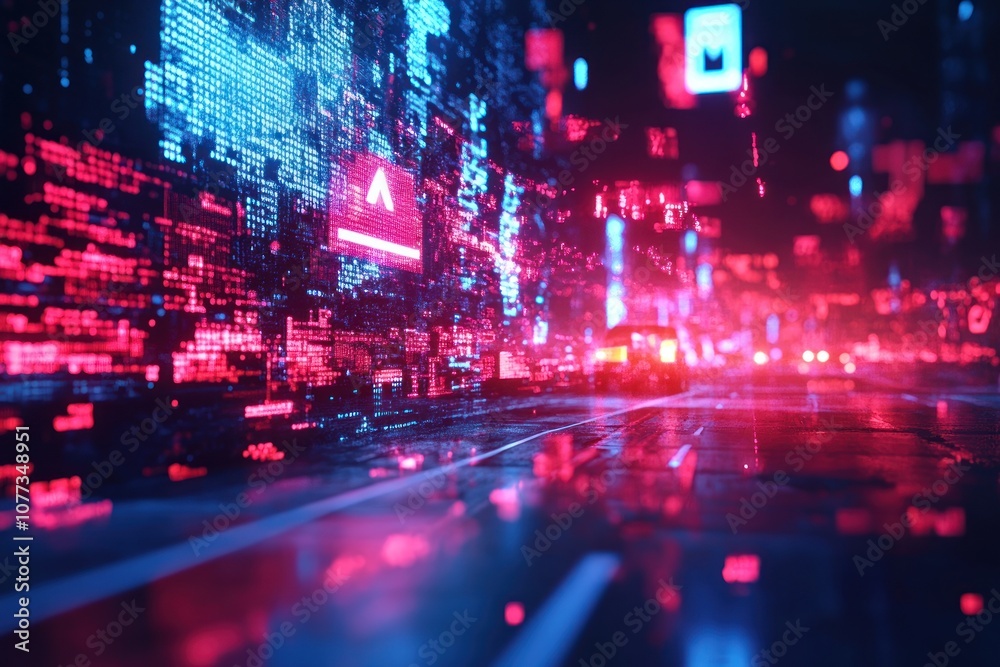 A car drives through a futuristic city, illuminated by neon lights and digital data streams. A car drives through a futuristic city, illuminated by neon lights and digital data streams.
