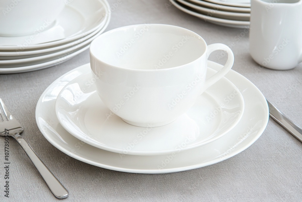 Elegant minimalist table setting featuring white modern tableware on a warm neutral background Elegant minimalist table setting featuring white modern tableware on a warm neutral background