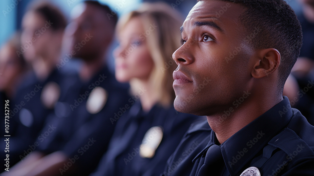 A Group of Police Recruits Attentively Listening to a Training Presentation in a Classroom Setting During an Evening Session