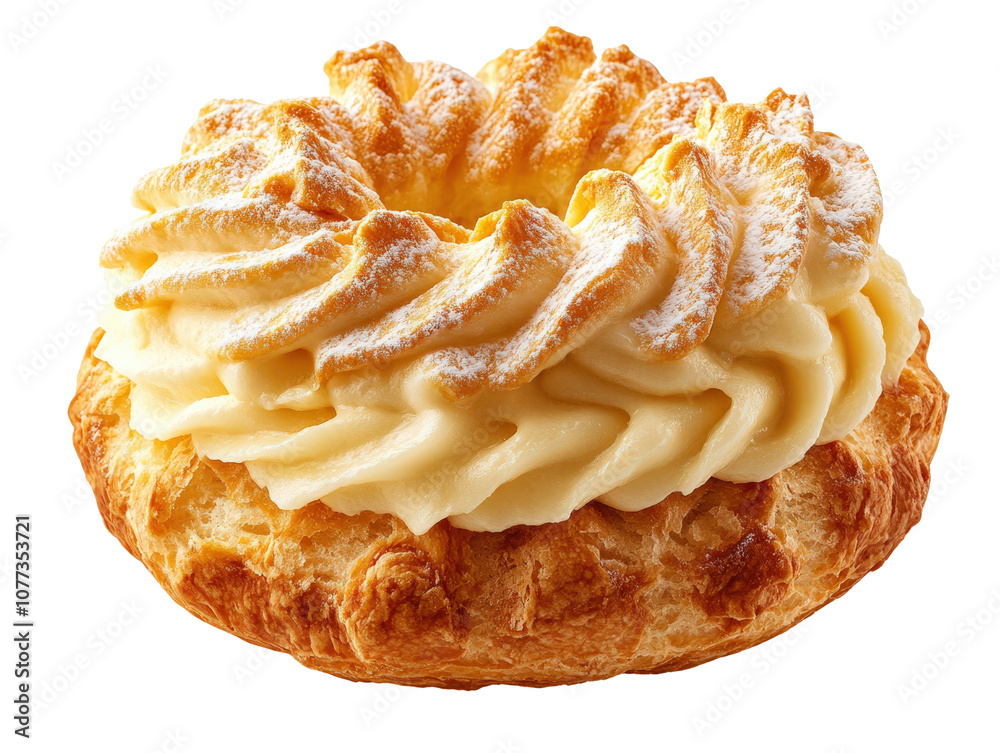 Delicious cream-filled pastry with a golden crust and fluffy frosting on top. Delicious cream-filled pastry with a golden crust and fluffy frosting on top.