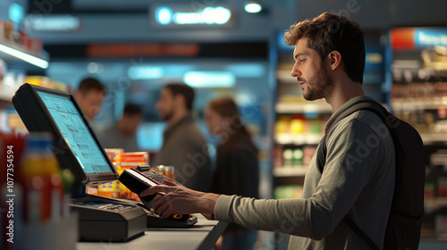 Young Man Using Self-Checkout at a Convenience Store During the Evening, Surrounded by Shelves Stocked With Snacks and Beverages