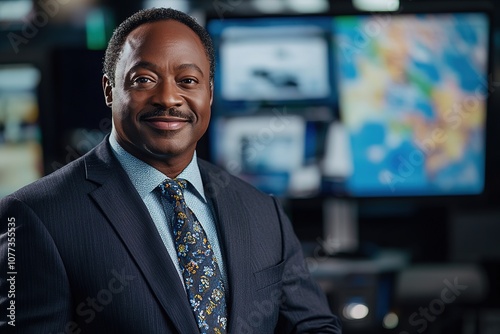 Confident news anchor smiling in studio