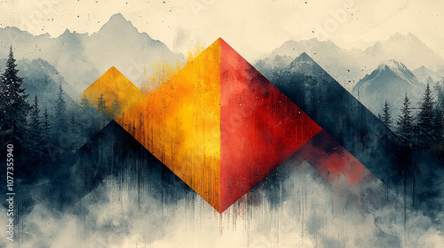 Abstract mountain landscape featuring a vibrant geometric shape in red and yellow, set against a misty forest backdrop.