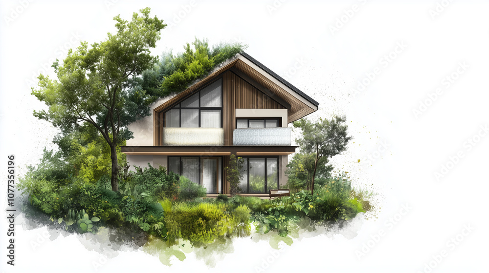 Modern house with greenery in artistic sketch style Modern house with greenery in artistic sketch style