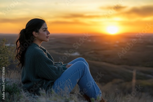 Woman sitting in nature enjoying sunset solitude