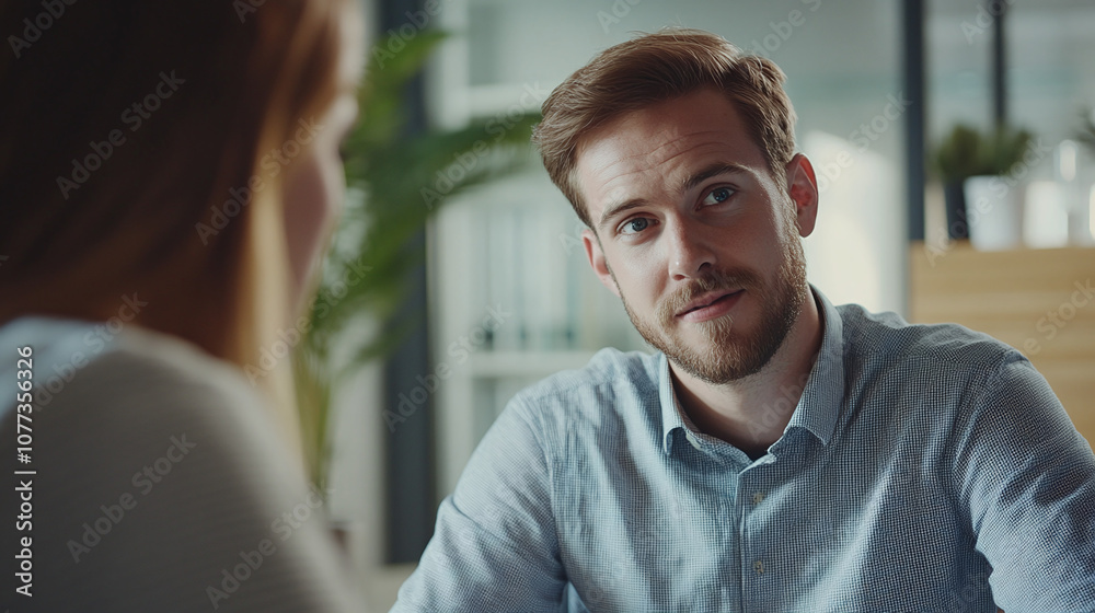 A Young Man Engages in a Deep Conversation With a Woman in a Modern Office Setting During Daylight Hours, Highlighting an Important Professional Moment