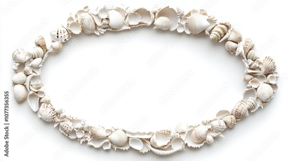 Fototapeta premium Seashells arranged in oval shape on white background - coastal decor and natural beauty