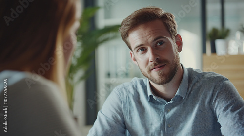 Obraz na płótnie A Young Man Engages in a Deep Conversation With a Woman in a Modern Office Setting During Daylight Hours, Highlighting an Important Professional Moment w salonie