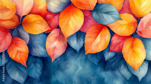 A vibrant watercolor illustration of multicolored leaves in shades of orange, red, and blue against a soft background.