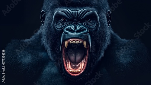 Close-up portrait of a roaring gorilla with its mouth open, showing sharp teeth, against a black background. photo