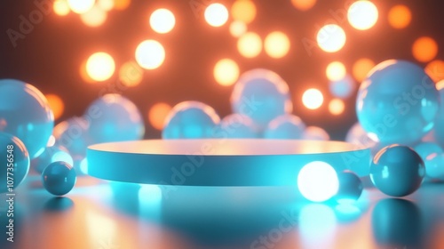 Illuminated Platform Surrounded by Spheres and Abstract Lights