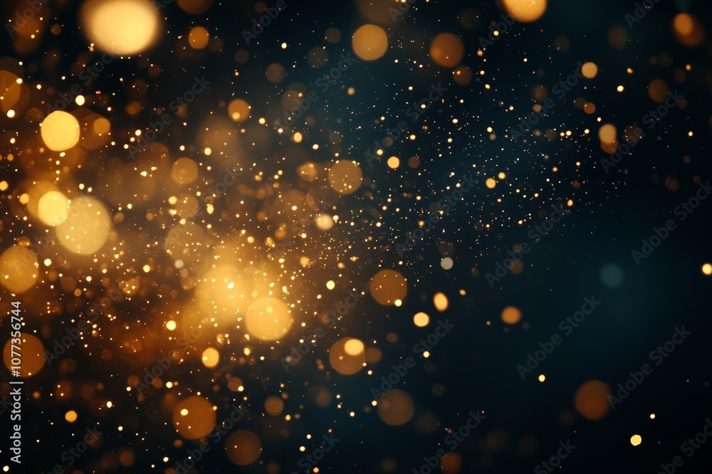 Fototapeta premium Radiant golden glitter and shimmering particles floating in beams of warm light, creating a sparkling bokeh effect.