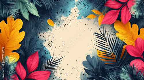 A vibrant floral design featuring colorful leaves and petals framed around a light center, creating a lively and artistic background.