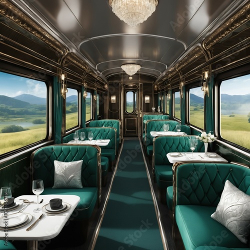 interior of a modern train, stunning, modern luxury train traveling across scenic vistas, offering an experience of elegance and exclusivity and have plush seating with rich leather.