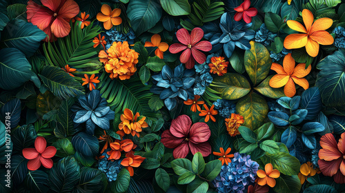 A vibrant floral arrangement featuring a mix of colorful flowers and lush green leaves, creating a visually striking natural tapestry.