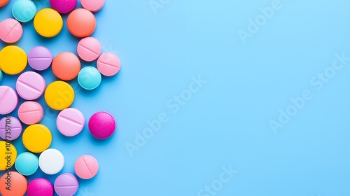 Colorful pills scattered on a blue background, leaving ample space for text.