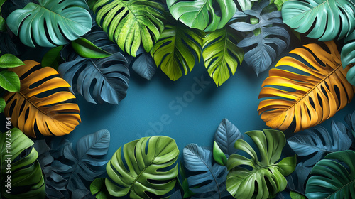 A vibrant arrangement of tropical leaves in green and orange, framing a textured blue background, evoking a natural, fresh ambiance.