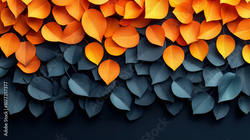 A vibrant arrangement of overlapping orange and dark grey leaf-like shapes creates a striking visual effect with a dynamic color contrast.