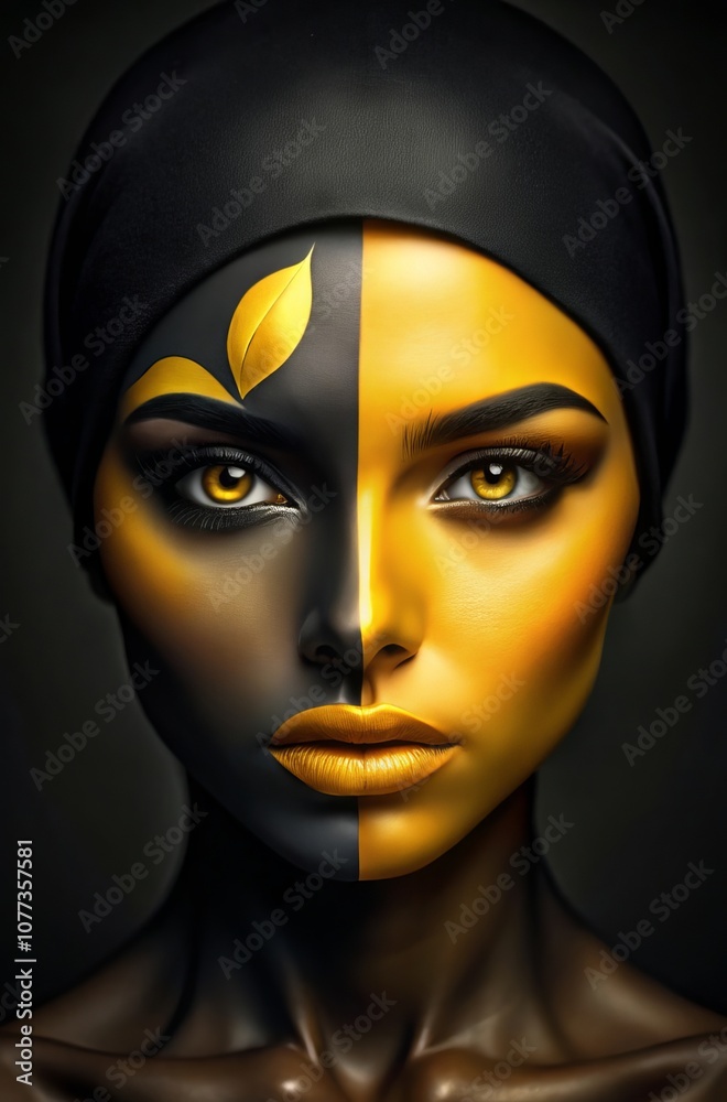 Bright contrast: Portrait of a woman with black and yellow makeup that inspires stylish experiments.
Bright contrast: Portrait of a woman with black and yellow makeup that inspires stylish experiments.