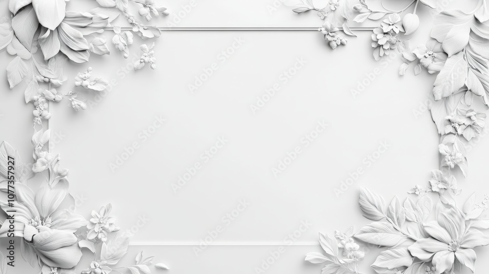 Obraz premium Elegant white floral frame with intricate leaf and flower details on subtle background