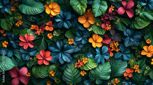 A vibrant arrangement of colorful flowers and lush green leaves, creating a lively and natural backdrop.