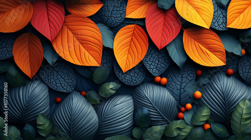 A vibrant arrangement of autumn leaves, showcasing rich colors of orange, red, and green against a dark background.