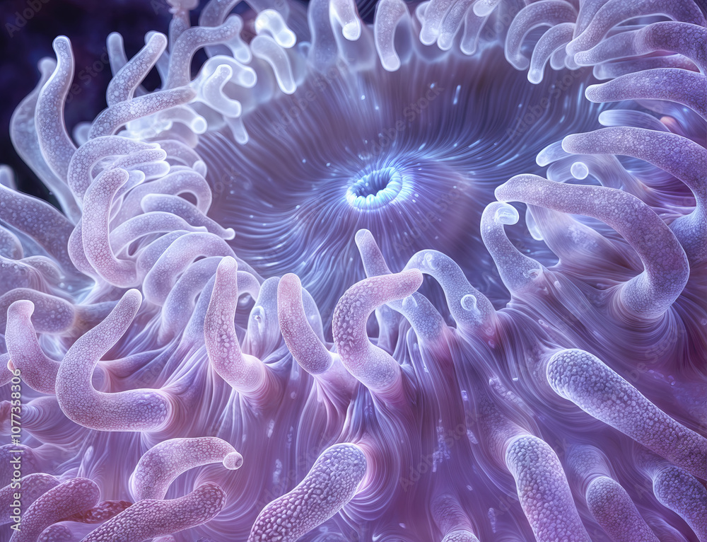 Fototapeta premium Detailed close-up of a fluorescent coral polyp, revealing its vibrant hues and intricate beauty in the underwater realm