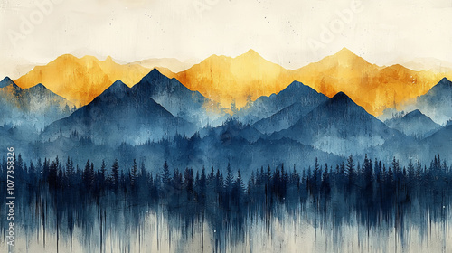 A tranquil watercolor landscape featuring layered mountains in blue and golden hues, with a foreground of dark silhouettes of trees.