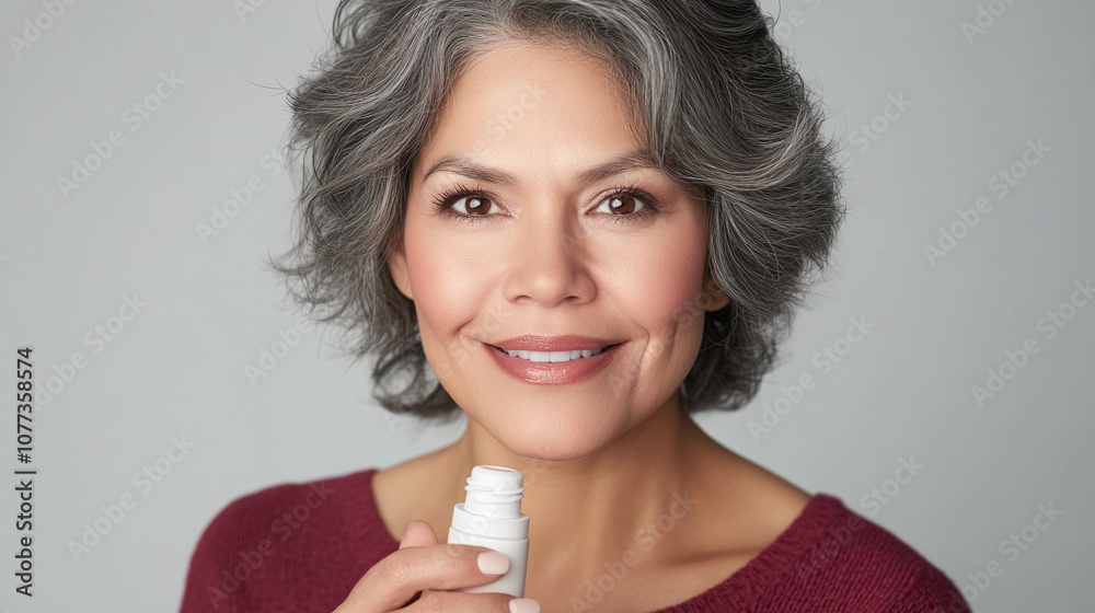 A Smiling Older Woman With Gray Hair Holds a Skincare Product While Posing Against a Neutral Background in a Soft, Inviting Light A Smiling Older Woman With Gray Hair Holds a Skincare Product While Posing Against a Neutral Background in a Soft, Inviting Light
