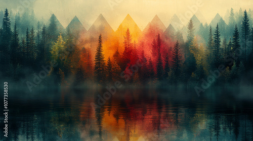 A serene landscape featuring misty trees, a colorful sunset, and a reflective water surface that creates a tranquil and dreamlike atmosphere.
