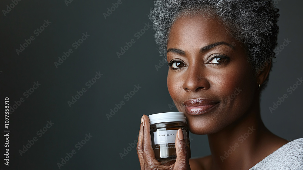 A Woman With Beautiful Gray Hair Holds a Jar of Skincare Product, Showcasing Confidence and Natural Beauty Against a Neutral Background