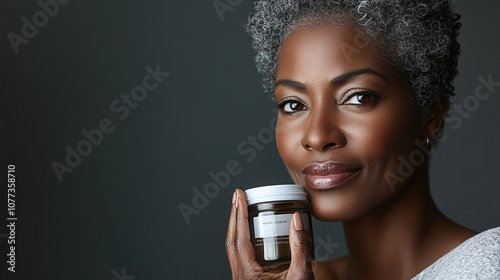 Obraz na płótnie A Woman With Beautiful Gray Hair Holds a Jar of Skincare Product, Showcasing Confidence and Natural Beauty Against a Neutral Background w salonie
