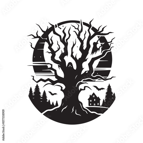 Halloween Tree Silhouette Vector Illustration | Haunted Forest Clipart