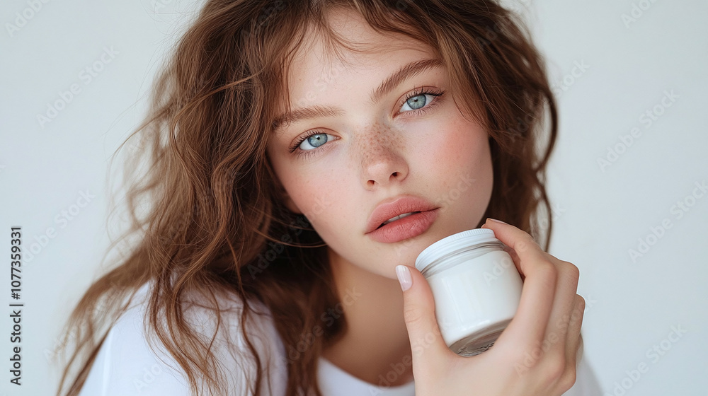 A Young Woman With Beautiful Blue Eyes Holds a Small Jar of Cream, Showcasing Her Natural Beauty in a Bright, Minimalistic Setting During the Day A Young Woman With Beautiful Blue Eyes Holds a Small Jar of Cream, Showcasing Her Natural Beauty in a Bright, Minimalistic Setting During the Day