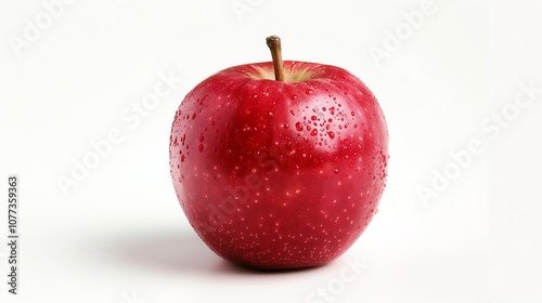 A single, red apple with water drops sits on a white background. photo