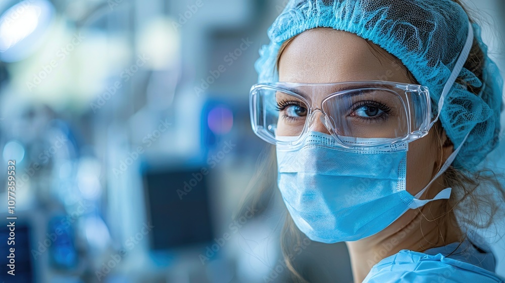 Healthcare Professional in Protective Gear Focused on Patient Care in a Modern Medical Facility Healthcare Professional in Protective Gear Focused on Patient Care in a Modern Medical Facility
