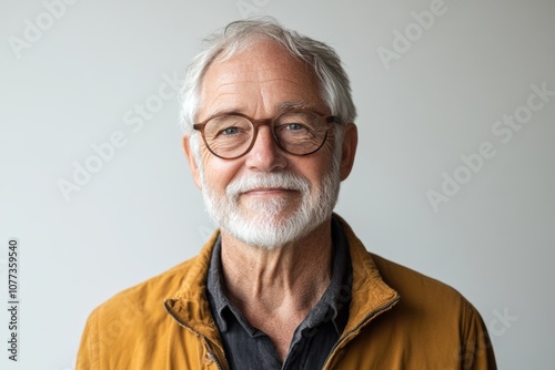 retirement celebration, retiree framed in a modern, bright setting against a white backdrop with plenty of space for interpretation photo