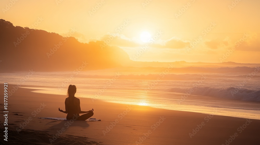 Fototapeta premium Woman meditating on a beach at sunset with ocean waves in the background.
