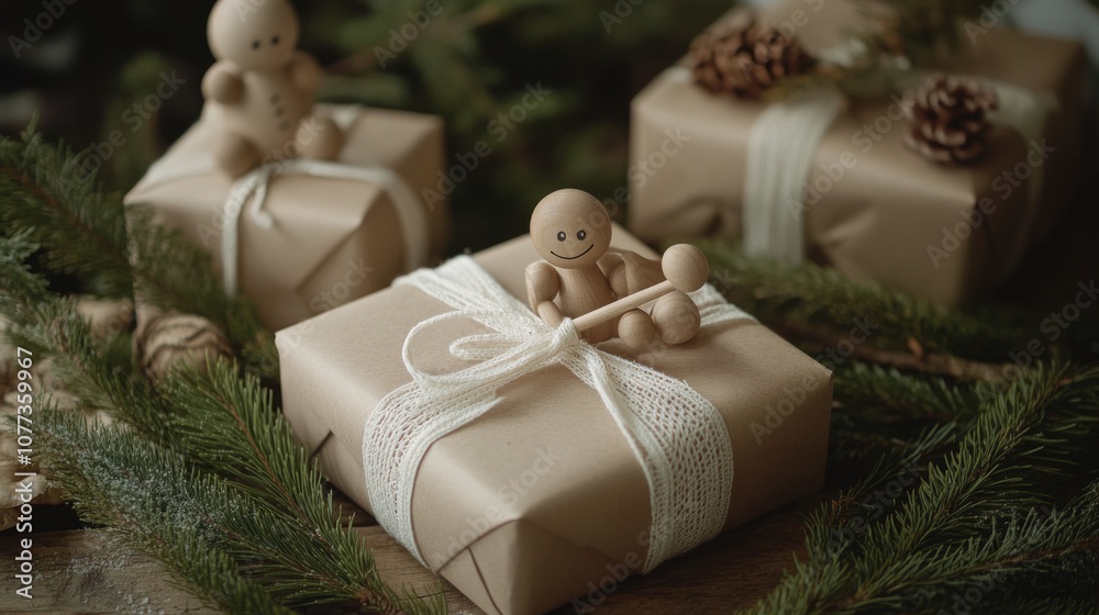 Wrapped gifts displayed elegantly with wooden figures and natural decorations in a cozy setting Wrapped gifts displayed elegantly with wooden figures and natural decorations in a cozy setting