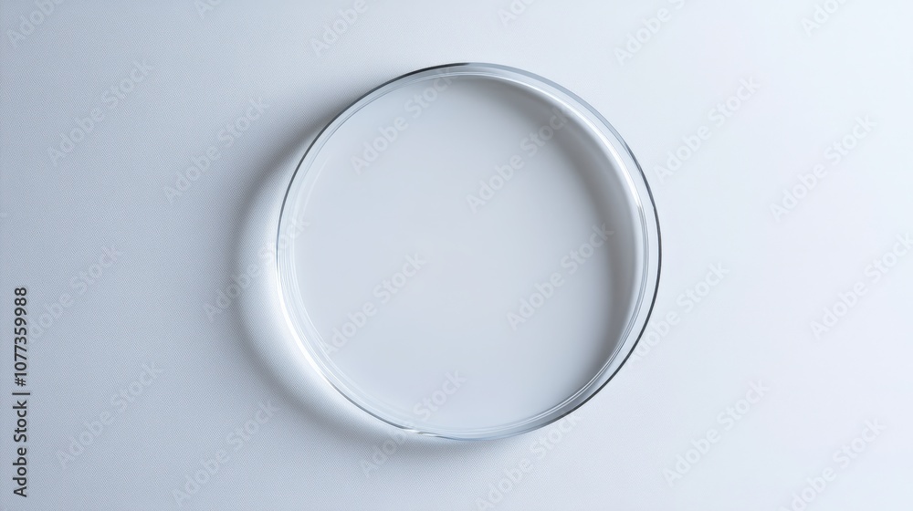 Minimalistic circular silver ring on smooth white background reflecting light