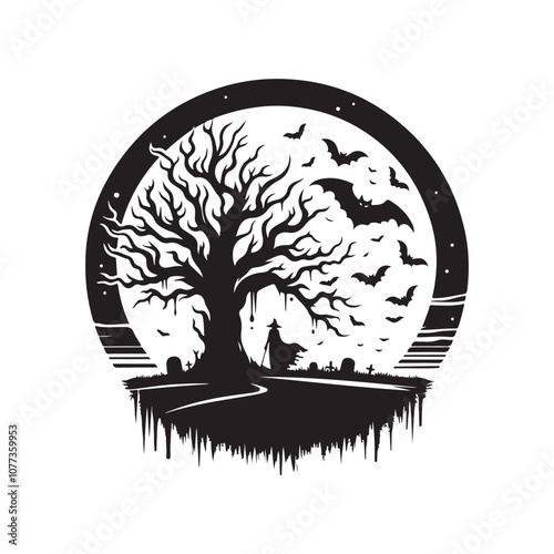 Halloween Tree Silhouette Vector Illustration | Haunted Forest Clipart