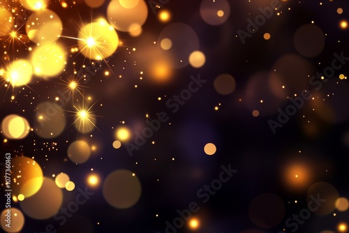 Golden particles and glittering stars creating abstract bokeh effect on dark background