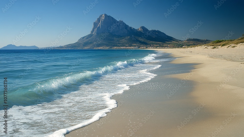 Fototapeta premium Waves gently lapping on a sandy beach with a mountain backdrop on a clear day