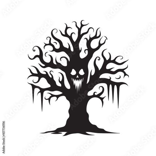 Halloween Tree Silhouette Vector Illustration | Haunted Forest Clipart