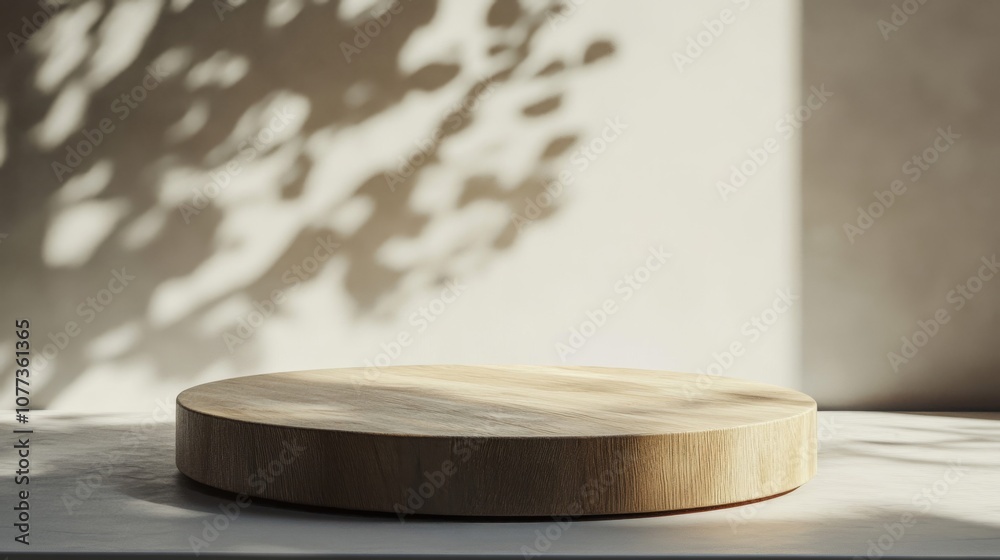Circular Wooden Platform Against a Wall with Shadowy Leaf Patterns Circular Wooden Platform Against a Wall with Shadowy Leaf Patterns