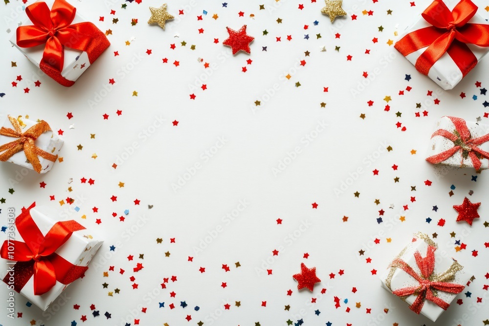 white background with red and gold ribbon gifts, stars and confetti on the sides, christmas white background with red and gold ribbon gifts, stars and confetti on the sides, christmas