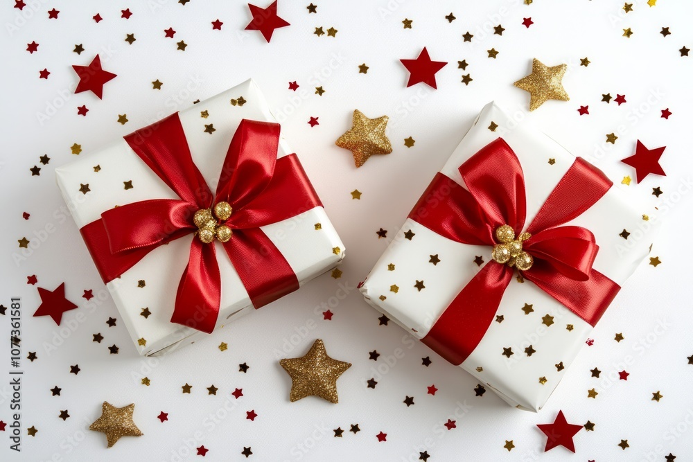 white background with red and gold ribbon gifts, stars and confetti on the sides, christmas