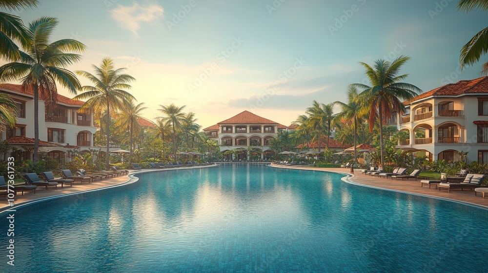 Tropical resort with swimming pool and palm trees. Tropical resort with swimming pool and palm trees.