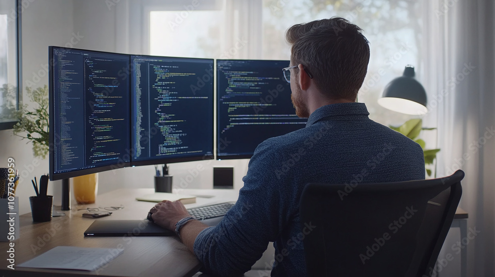A Software Developer Coding at a Modern Workstation With Multiple Monitors in a Well-Lit Home Office During the Afternoon