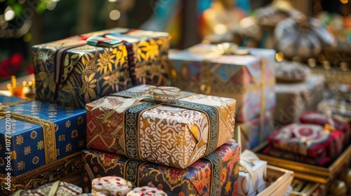 Ornate Eid Gift Display with Traditional Decorations and Festive Treats for a Warm Celebration photo